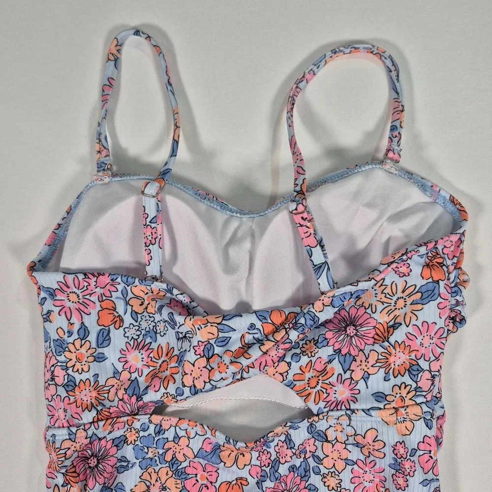 Floral Ribbed One Piece Swimsuit Sweetheart Neckline Side Tie Size Small‎ NWOT